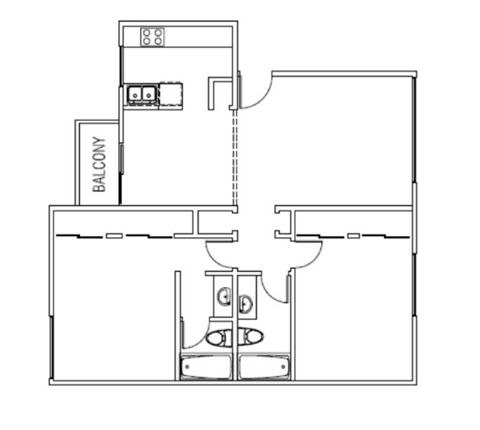 Floor plan for 2 beds, 2 baths, 979 sqft